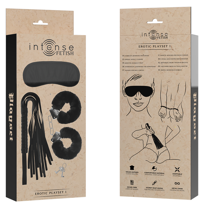 INTENSE - FETISH EROTIC PLAYSET 1 WITH HANDCUFFS, BLIND MASK AND FLOGGER