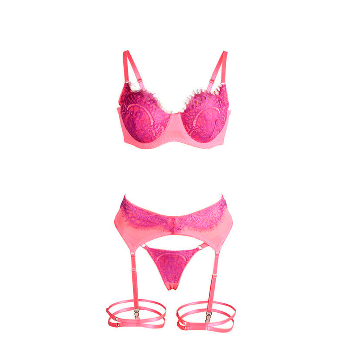 SUBBLIME - 955366 BRA SET WITH LACE AND GARTER LINES PINK AND PURPLE L/XL