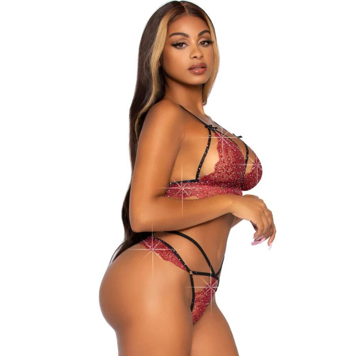 LEG AVENUE - 81623 BRA + THONG SET BURGUNDY SIZE S